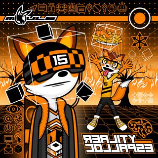 The cover artwork of Reality Collapse, showing two anthropomorphic cartoon foxes in an orange-and-black virtual reality world on fire.