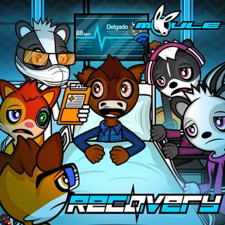 The cover artwork of Recovery showing Delgado the bull in a hospital bed surrounded by the Cyber Threat Resistance League looking at him sadly, while Æmber the doctor badger provides a medical prognosis.