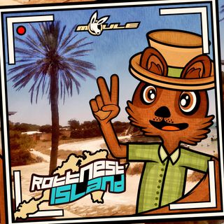 The cover artwork of Rottnest Island stylised like a photo scrapbook, showing Wilson the anthropomorphic cartoon quokka wearing brimmed top hat and green buttoned shirt taking a selfie on a beach at Rottnest Island and flashing a peace sign by a palm tree.