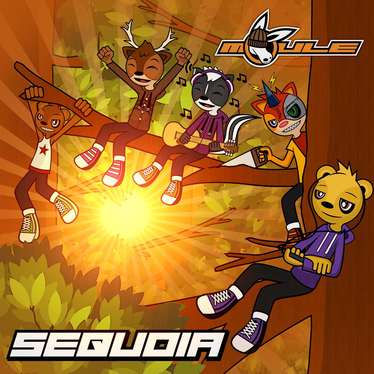 Cover art of Sequoia showing five anthropomorphic cartoon animal characters sitting high up on sequoia branches while a sun's vibrant rays shine through the background. The cover artwork is mostly orange-coloured.)