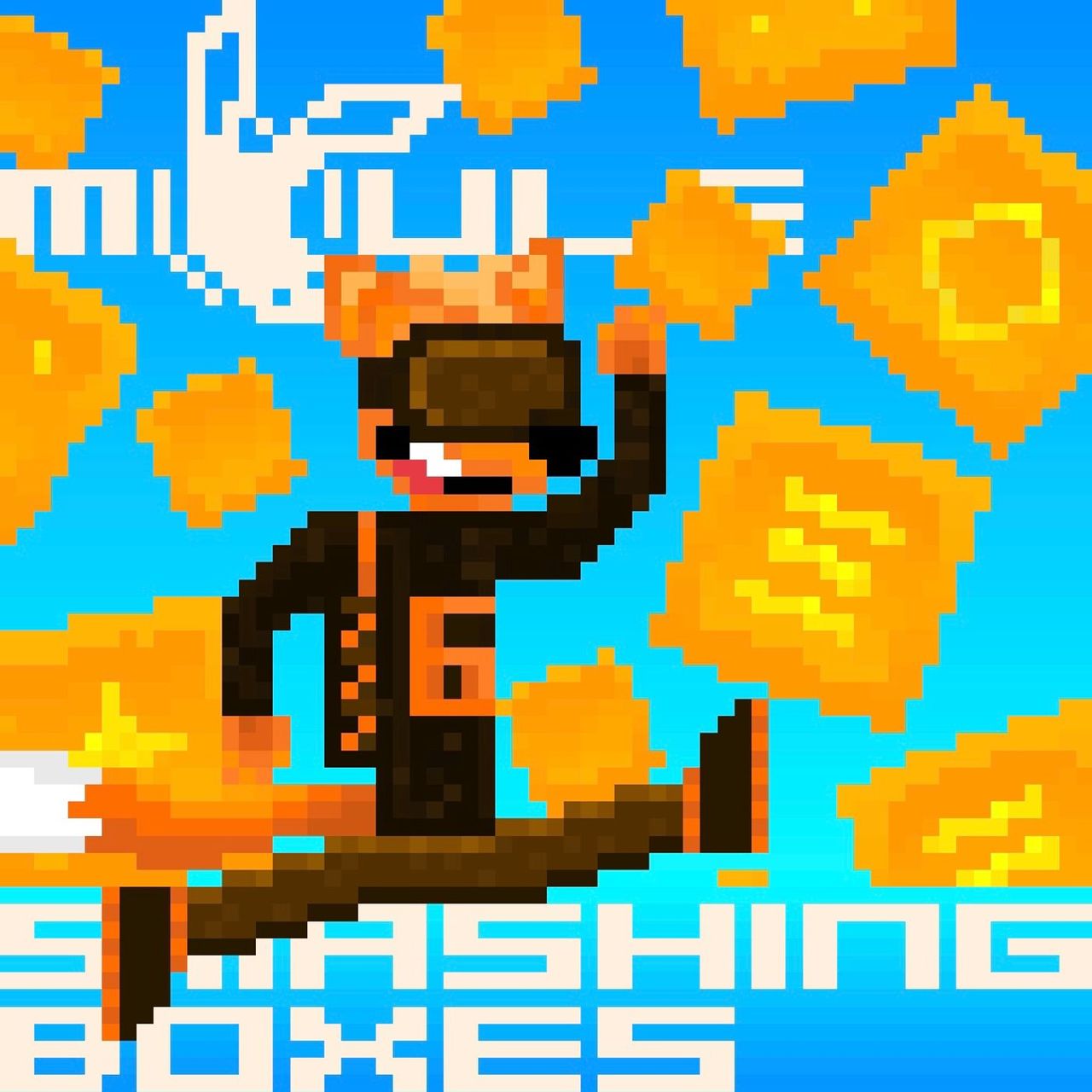 The cover artwork of Smashing Boxes showing OpDaMyZr the anthropomorphic cartoon fox in pixel art style jumping and hitting orange boxes with yellow symbols on them in front of a light-blue background.