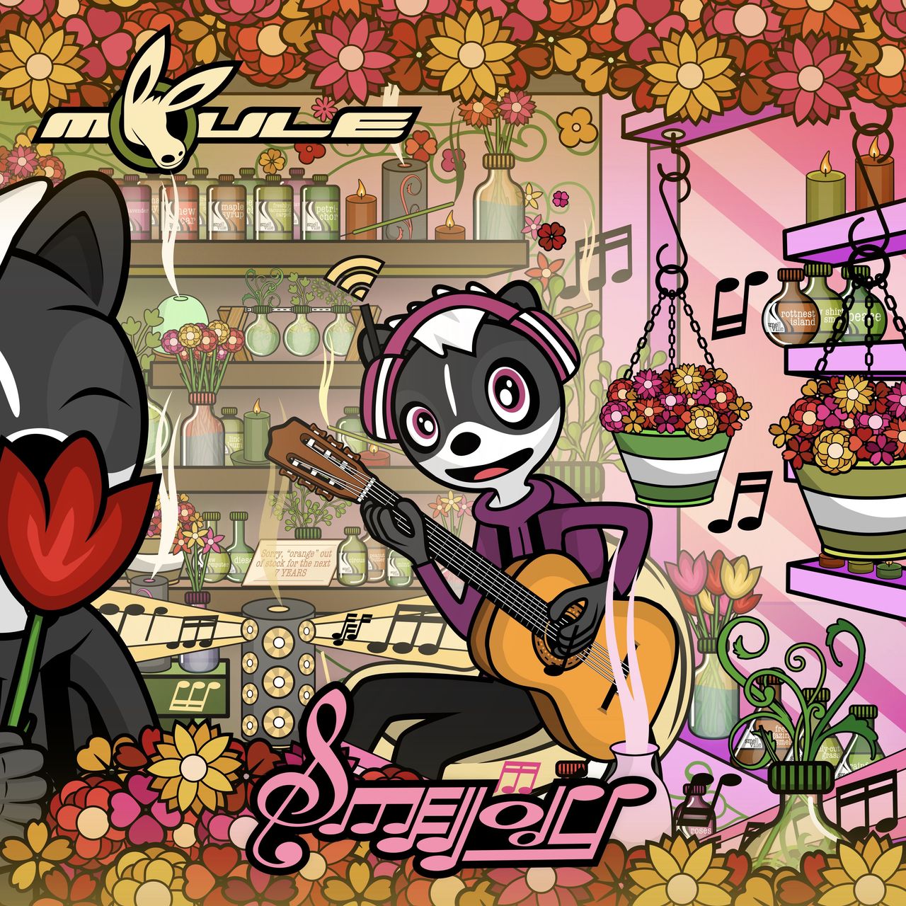 The cover artwork of Smellody, showing Melody the anthropomorphic cartoon skunk playing her guitar in the Smellville aromatherapy store full of bottles and flowers while Melville sniffs a rose off to the left.