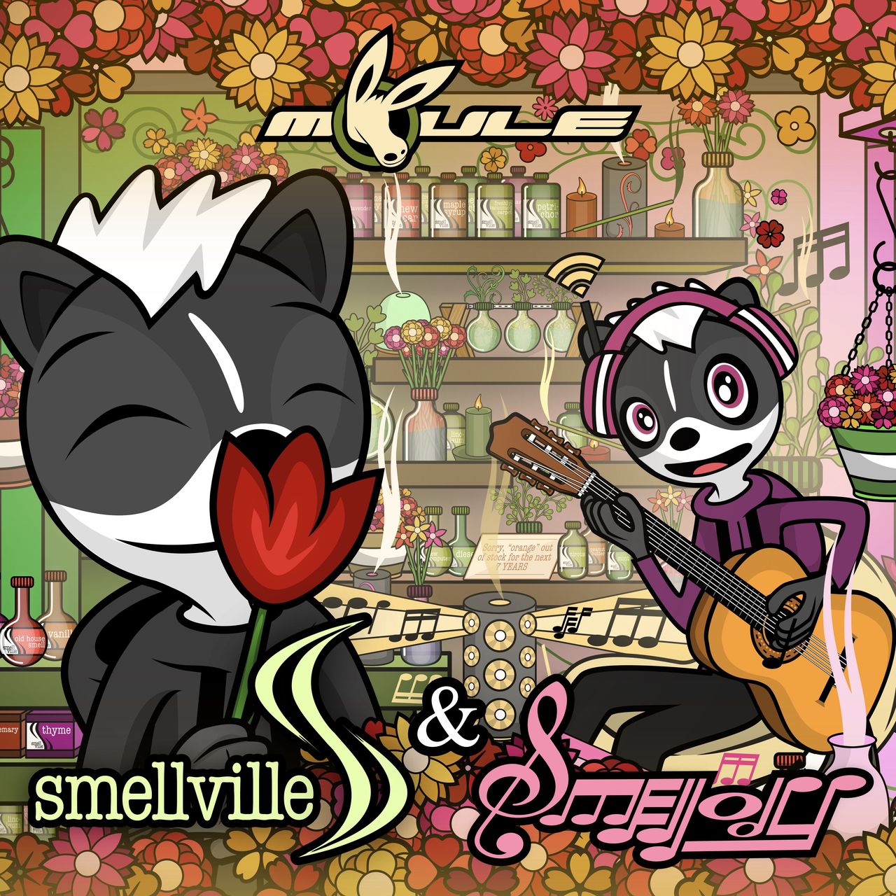 The cover artwork of Smellville and Smellody, showing Melville the anthropomorphic cartoon skunk in his titular store full of aromatherapy bottles and flowers, holding and smelling a rose while Melody sits in a beanbag by the window playing her guitar off to the right.