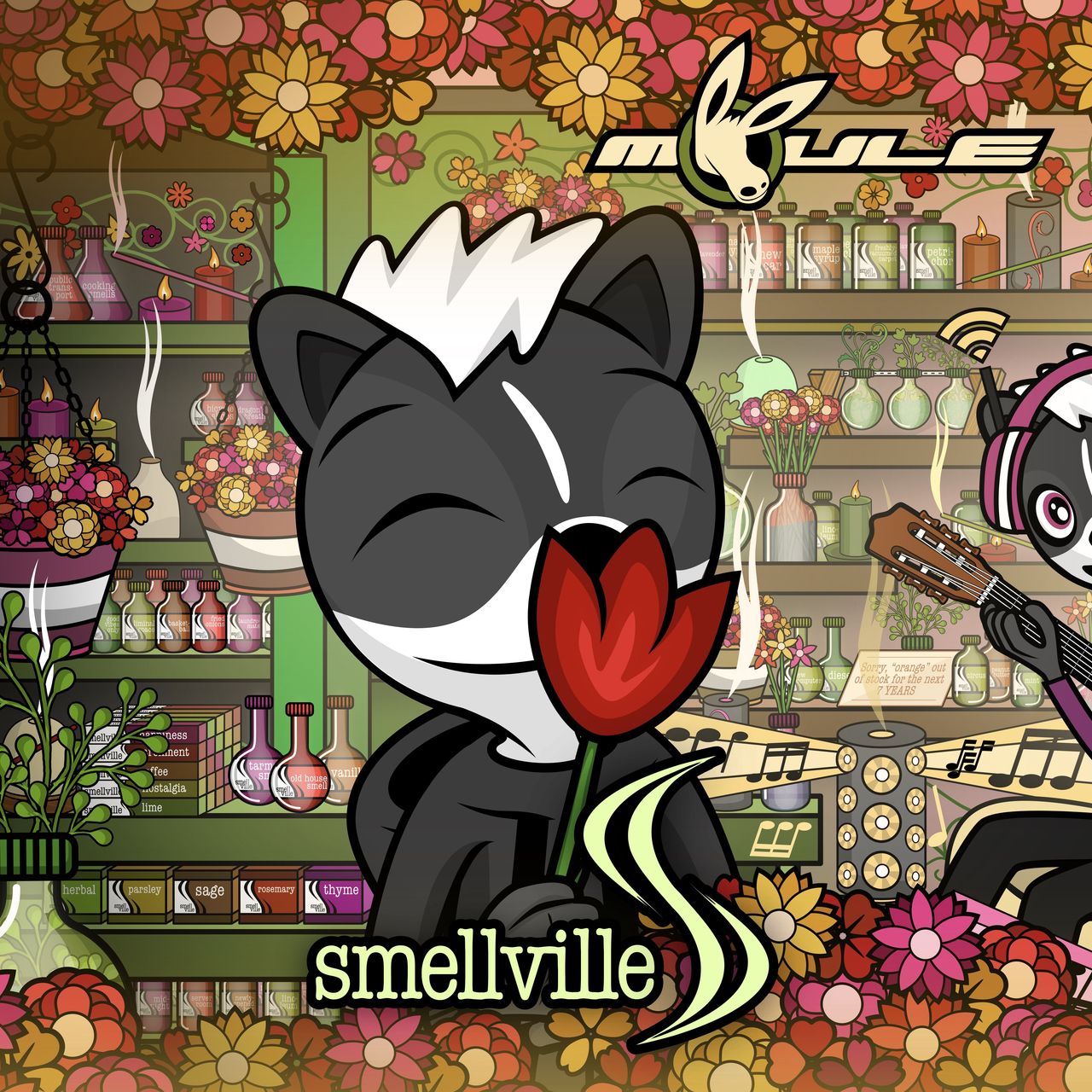 The cover artwork of Smellville, showing Melville the anthropomorphic cartoon skunk in his titular store full of aromatherapy bottles and flowers, holding and smelling a rose while Melody plays the guitar off to the right.