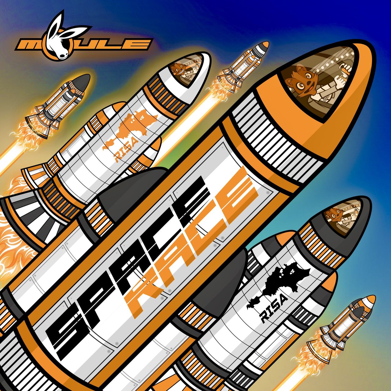 The cover artwork of Space Race, showing Armstrong the anthropomorphic cartoon quokka wearing a space suit in the cockpit of a rocket with the title of this track on it, racing other quokkas in other rockets behind him. Cover art is mostly orange, white and grey with a blue sky background.