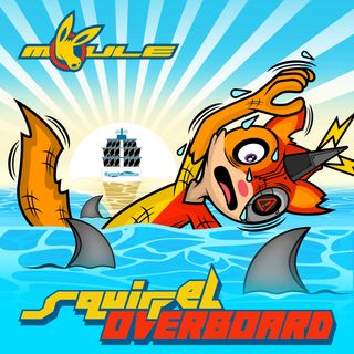 The cover artwork of Squirrel Overboard, showing Oskar the anthropomorphic cartoon squirrel with a metallic left side of his face and cone-shaped metallic antenna, after falling off the Organic Streams cruise ship and hastily swimming to safety while surrounded by sharks, looking scared.