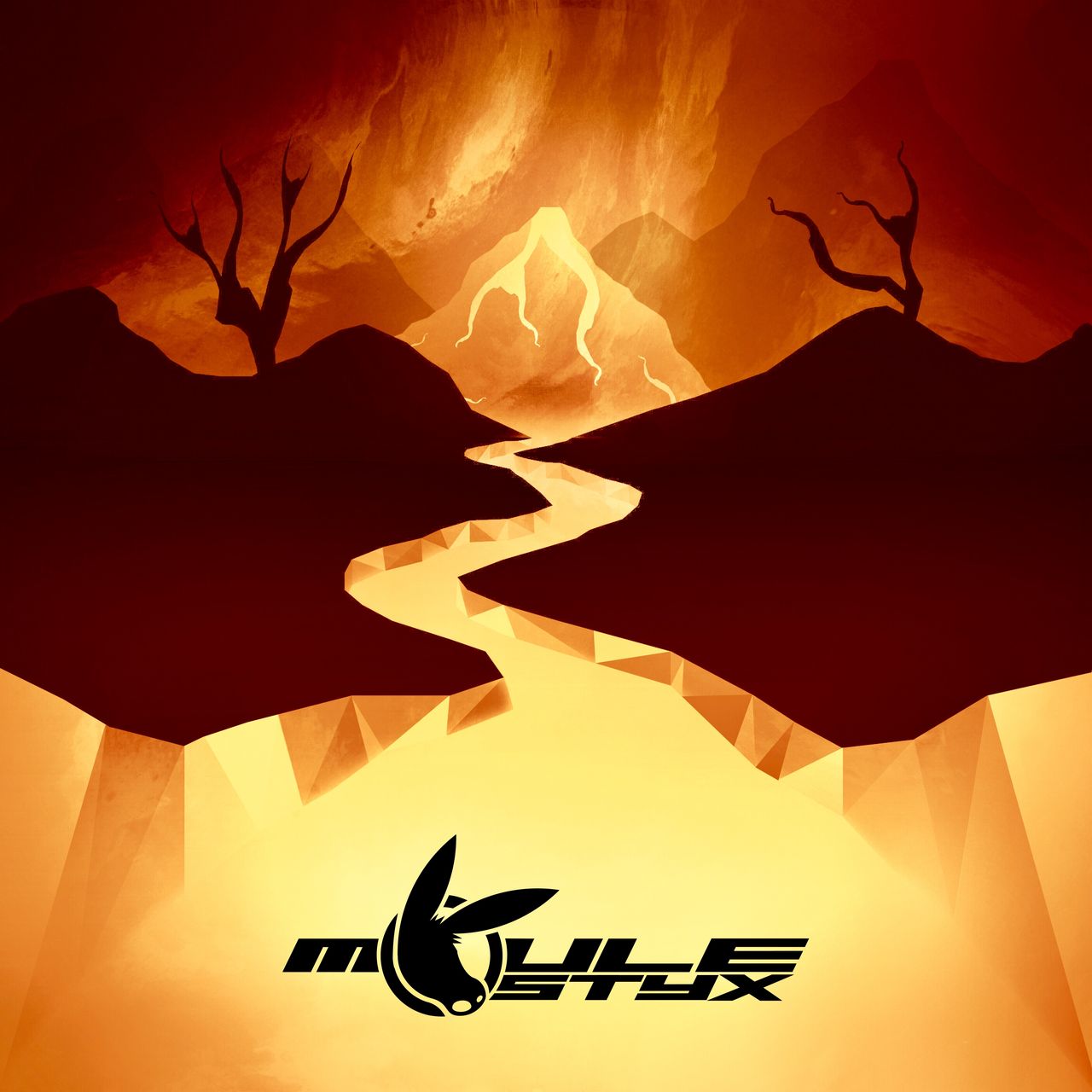 The cover artwork for Styx: a depiction of the titular underworld river of magma weaving between two barren lands and two dead trees, leading to a fiery volcano in the background.