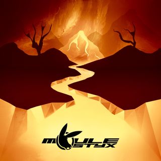 The cover artwork for Styx: a depiction of the titular underworld river of magma weaving between two barren lands and two dead trees, leading to a fiery volcano in the background.