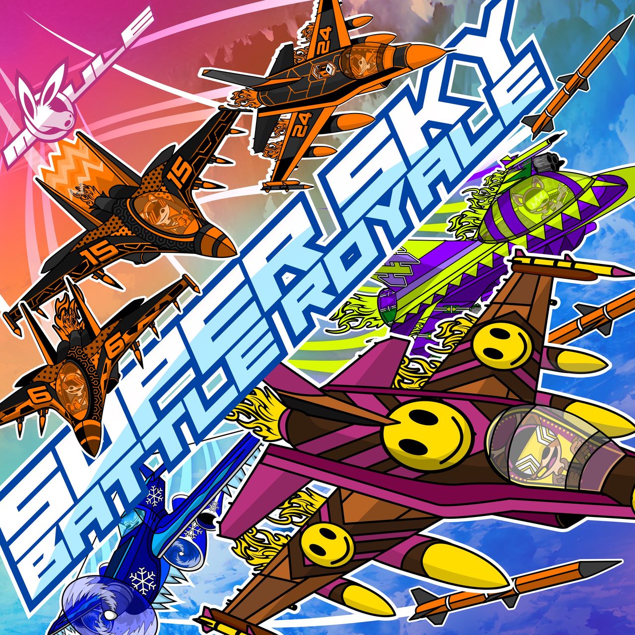 The cover artwork of Super Sky Battle Royale showing six colourful cartoon warplanes – three belong to GLHF, the other there belong to Brook, Ecstatica and Hyper Hyena respectively – in battle in the eponymous Super Sky. The title stretches diagonally across the cover artwork.