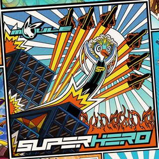 he cover artwork of Superhero, showing Super Penguin the anthropomorphic cartoon macaroni penguin superhero belly-sliding off a building as six warplanes fly behind her. The cover artwork is in comic-book style.