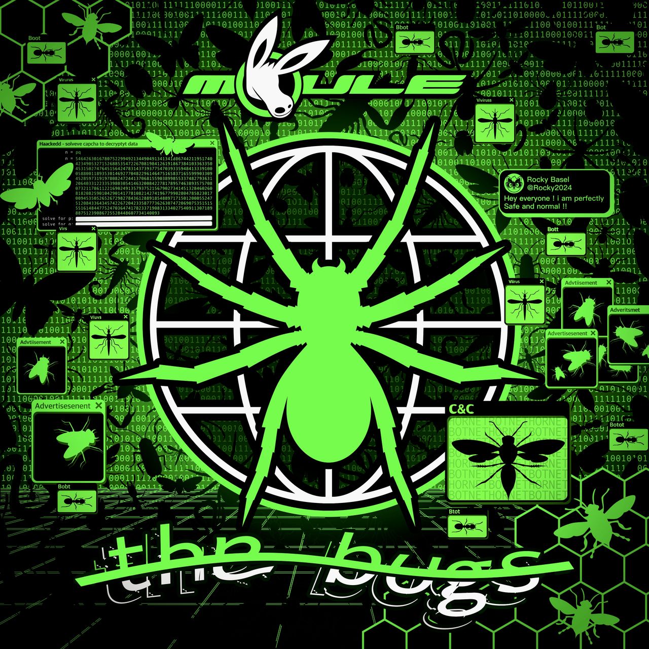 The cover artwork of The Bugs, a mostly green-and-black cover artwork showing numerous insects on pop-up windows. At the centre is a giant spider on a globe, the symbol of the titular rogue malware.