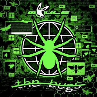 The cover artwork of The Bugs, a mostly green-and-black cover artwork showing numerous insects on pop-up windows. At the centre is a giant spider on a globe, the symbol of the titular rogue malware.