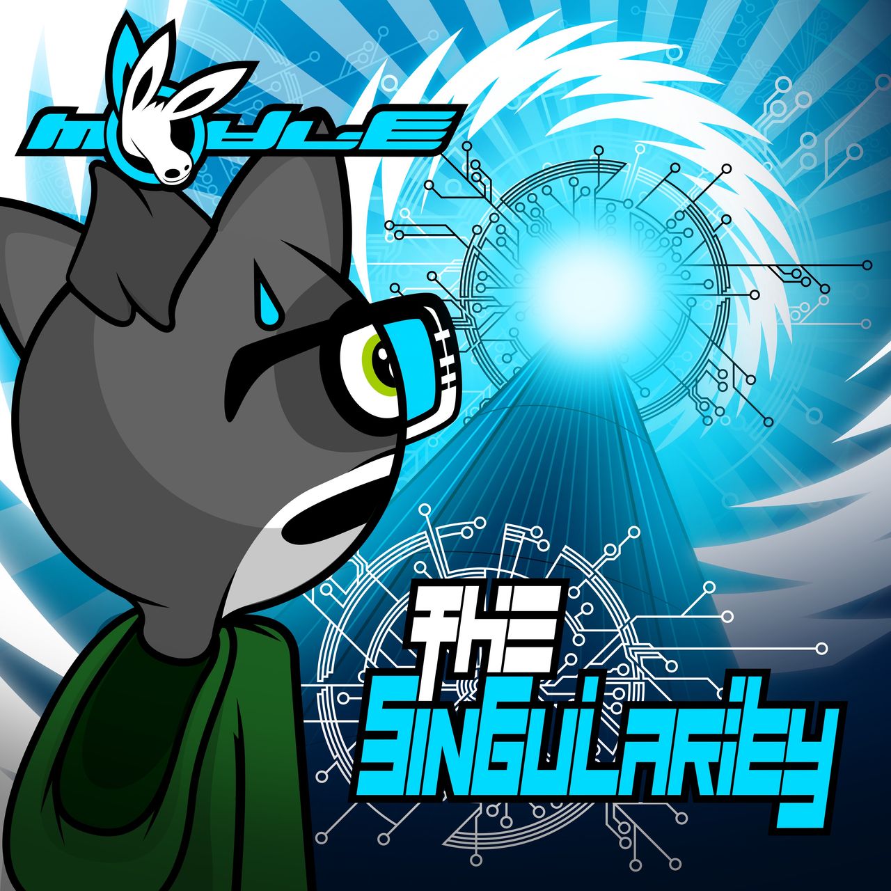 The cover artwork of The Singularity showing Rocky the anthropomorphic cartoon raccoon wearing a green hoodie and blue AR Visionaria glasses, looking up at a tall tower with thunder spiralling down and around it.