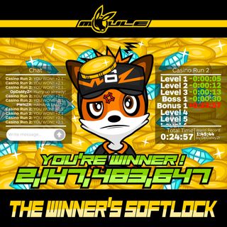 The cover artwork of The Winner's Softlock showing OpDaMyZr the anthropomorphic cartoon fox in a sea of gold coins looking annoyed as game chat and speedrun times are also shown, showing a huge delay in his speedrunning because he's constantly getting 2,147,483,647 coins.