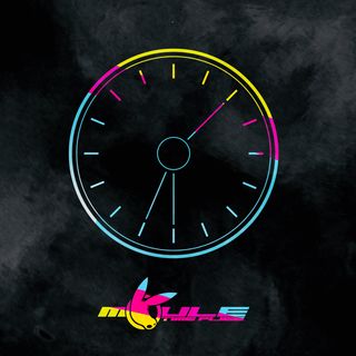 The cover artwork for Time Flies, showing a cyan, magenta, and yellow-coloured clock outline with 16 hours on it and three hands pointing at 2, 8, and 9 clockwise from the top respectively, on a black smoky background.