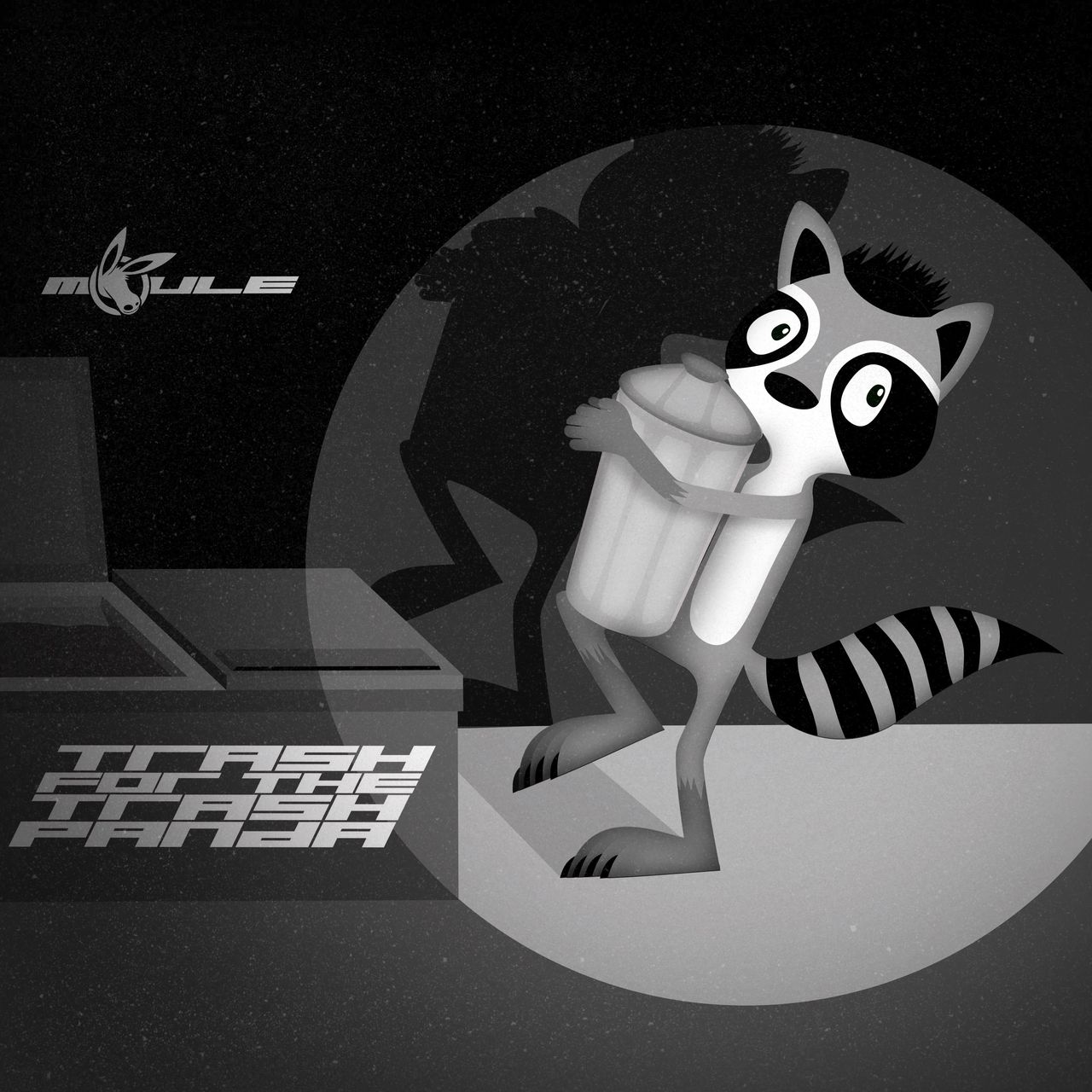 The cover artwork of Trash for the Trash Panda, showing the titular anthropomorphic raccoon picking uo a garbage can while being spotted by a spotlight in a greyscale alleyway.