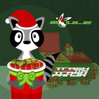 The cover artwork of Trash FROM the Trash Panda showing the titular anthropomorphic raccoon holding a red trash can of presents in front of a green dumpster full of more presents while wearing a red Santa hat.