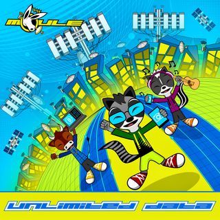 Cover art of Unlimited Data showing the anthropomorphic cartoon animal characters Delgado the bull, Rocky the raccoon, and Melody the skunk happily jumping holding technology in front of a cartoony lime-green-and-cyan city with crooked buildings, cell towers and satellites. They are jumping on a lime green planet with another fainter light-blue orb behind them and the buildings symbolising the Internet.