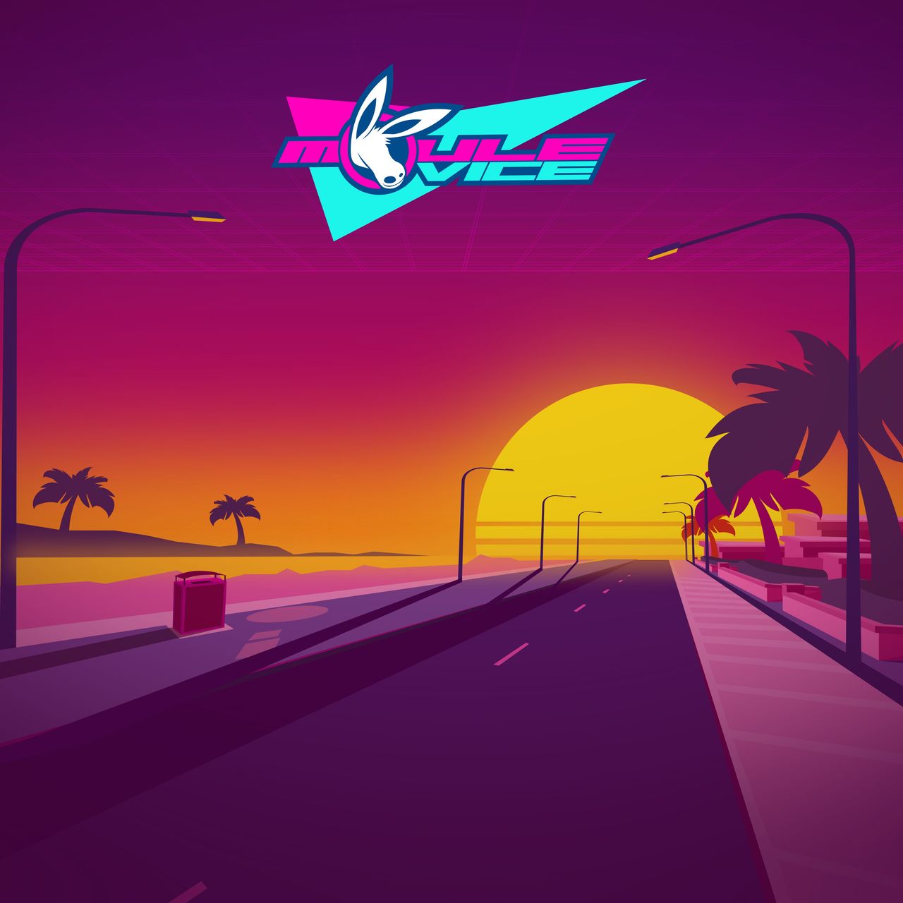 The cover artwork of VICE, showing a purple-tinged street by the beach surrounded by palm trees leading to a synthwave sun. The title and logo are on neon pink and light blue triangles.