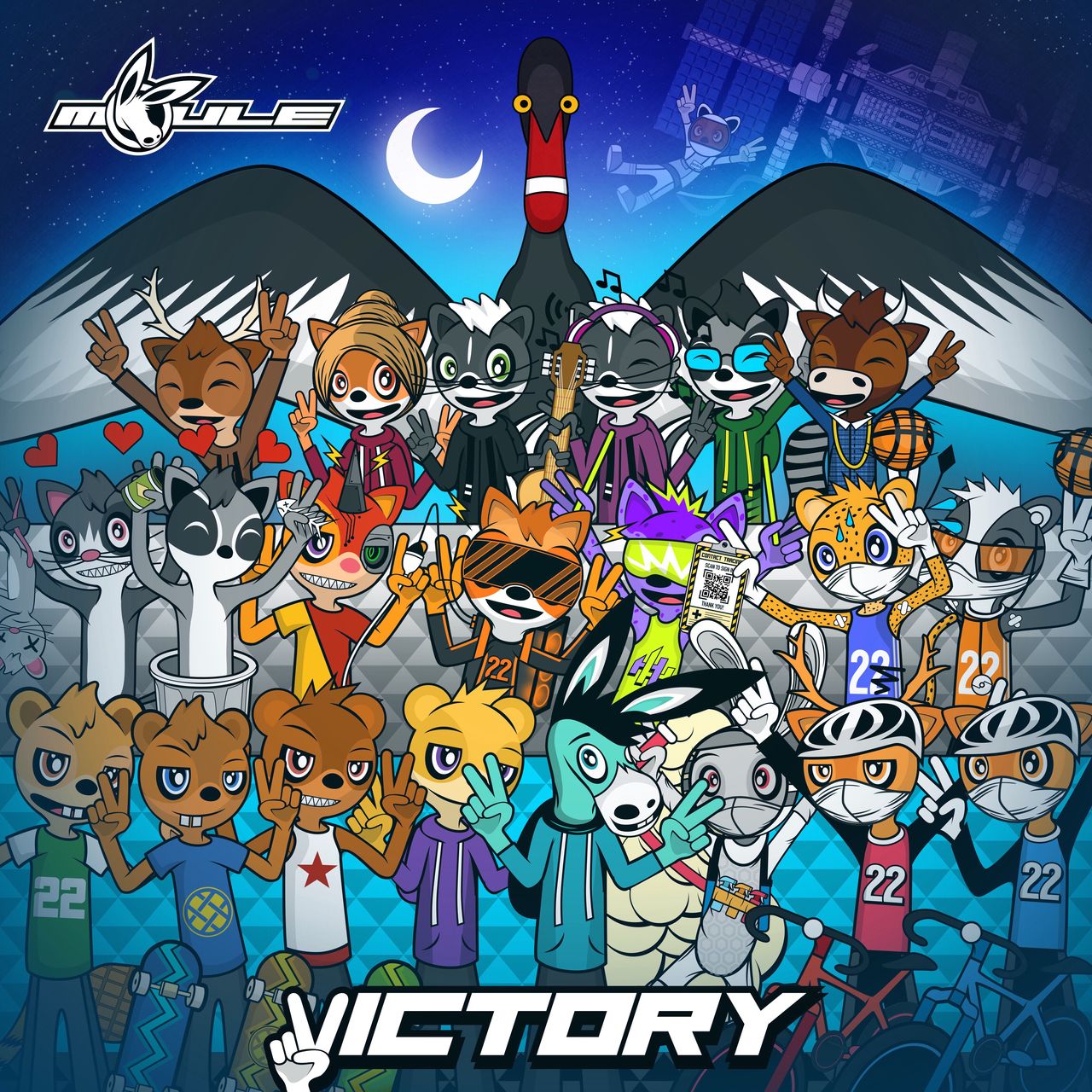 Cover art of Victory, showing numerous anthropomorphic cartoon animal characters all flashing peace hand signs as a giant black swan overlooks them all.