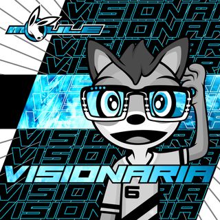 The cover artwork of Visionaria, showing Robin the Fox wearing his titular glasses. The cover artwork is colour-schemed light blue, white, and black, and the text "VISIONARIA" repeats diagonally in the background.