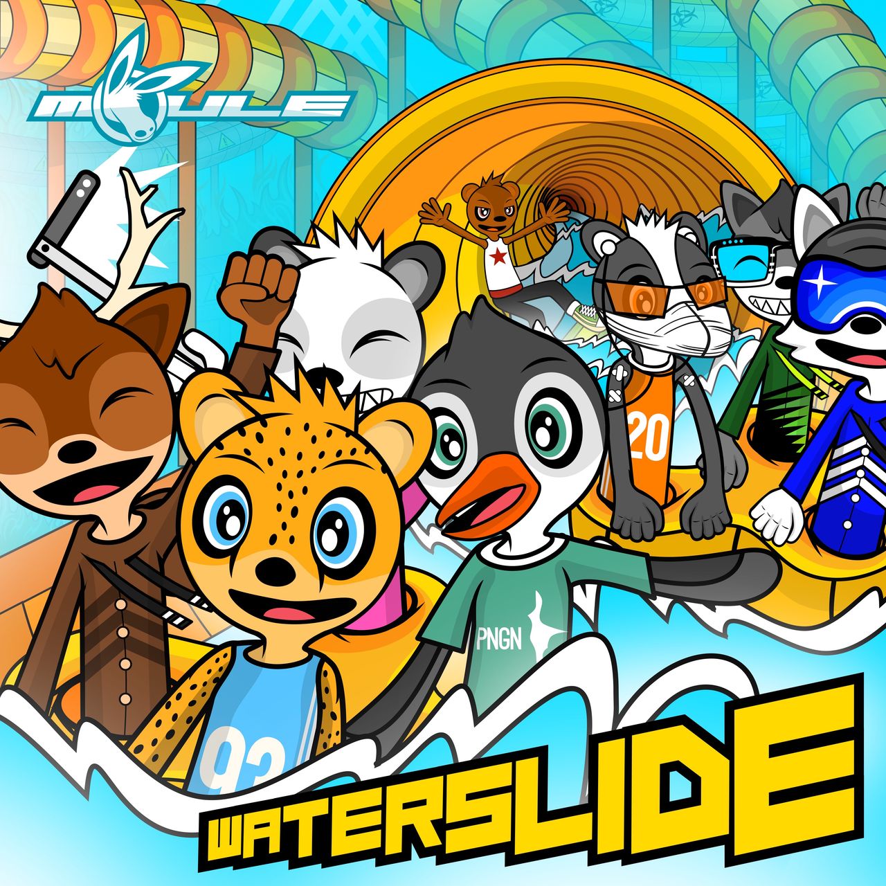 The cover artwork of Waterslide, showing eight anthropomorphic cartoon animal characters happily sliding down a waterslide.