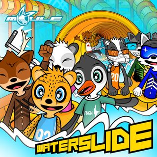 The cover artwork of Waterslide, showing eight anthropomorphic cartoon animal characters happily sliding down a waterslide.