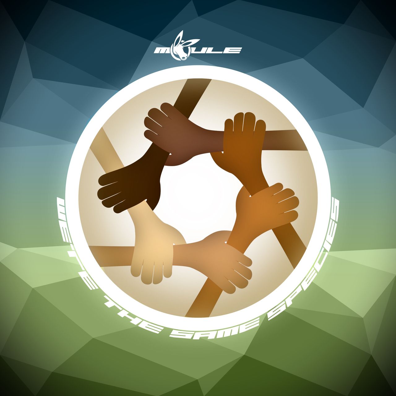 The cover artwork for We're the Same Species, showing six interlocked hands and arms of various skin tones within a circle over a gradient blue-to-green geometric background.