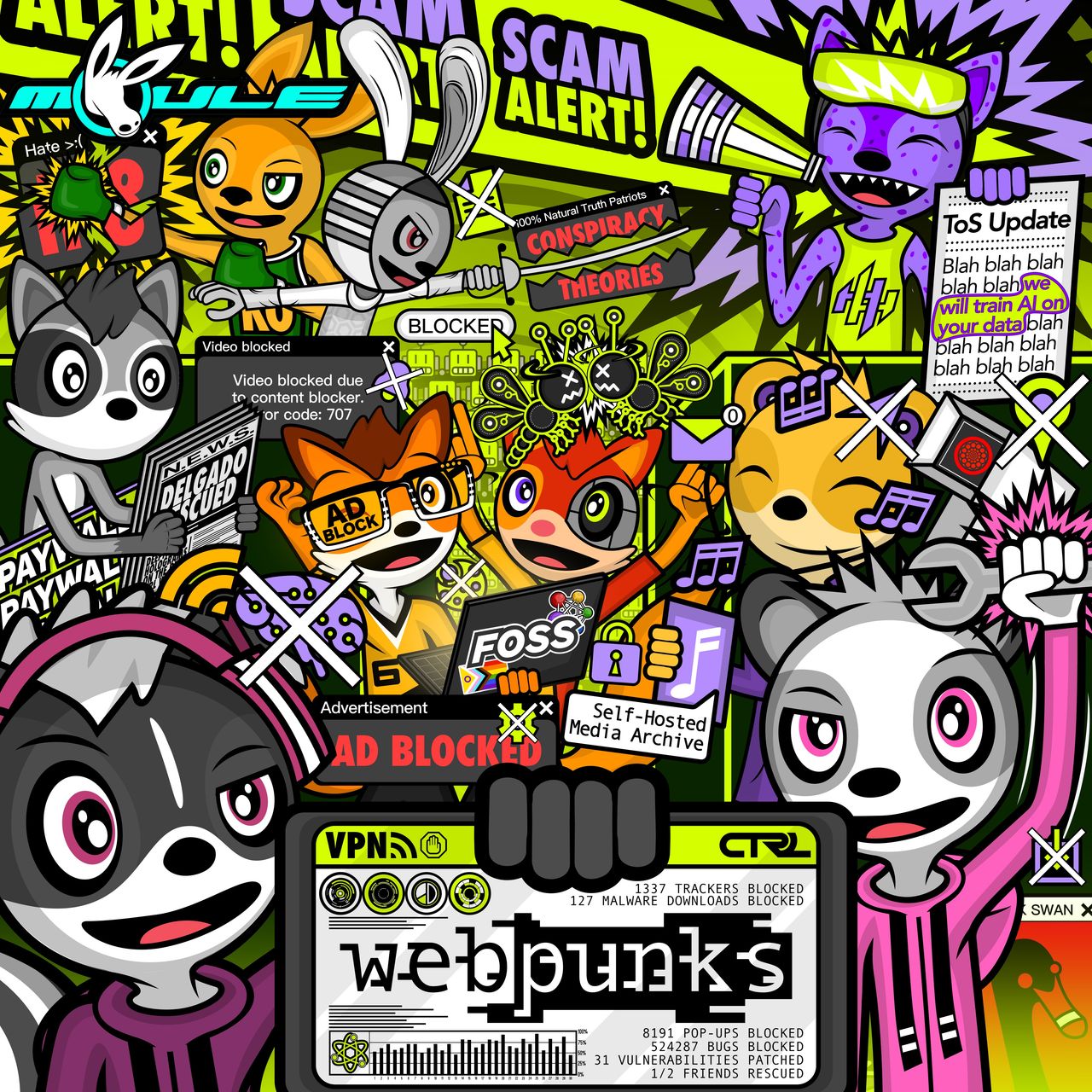 The cover artwork of Webpunks showing numerous anthropomorphic cartoon animal characters in a busy artwork all using technologies to block ads, bypass paywalls, flex their right to repair, raise awareness of scams, and counter hate and disinformation.