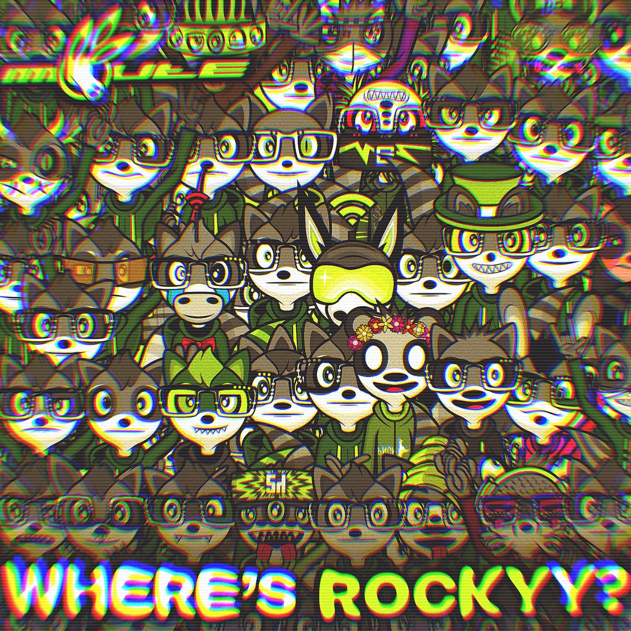 The cover artwork of Where's Rocky? showing a crowd of Rocky clones, some looking very similar to the original Rocky the raccoon, while others have features like upside-down heads and numerous eyes and arms.